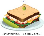 Vector illustration of a turkey sandwich on wheat bread with spinach and a pickle spear