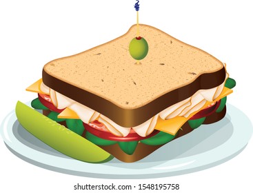 Vector illustration of a turkey sandwich on wheat bread with spinach and a pickle spear