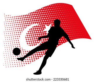 vector illustration of turkey soccer player silhouette against national flag isolated on white