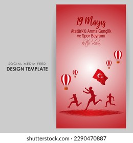 Vector illustration of Turkey Youth and Sports Day social media story feed set mockup template poster flyer written Turkish text means happy Youth and sport day