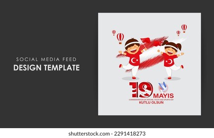 Vector illustration of Turkey Youth and Sports Day social media story feed set mockup template poster flyer written Turkish text means happy Youth and sport day