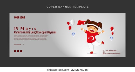 Vector illustration of Turkey Youth and Sports Day Fb cover banner mockup Template written Turkish text means happy Youth and sport day