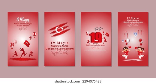 Vector illustration of Turkey Youth and Sports Day social media story feed set mockup template poster flyer set written Turkish text means happy Youth and sport day