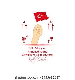 Vector illustration of Turkey Youth and Sports Day social media feed template with Turkish text meaning 19 May, Commemoration of Atatürk, Youth and Sports Day, Happy Birthday