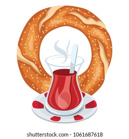 Vector Illustration Of Turkish Bagel And Tea