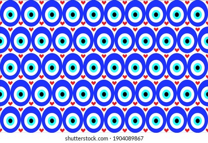 Ilustración vectorial, ojo malvado azul turco o decoración con encanto nazar boncugu, patrón inquebrantable de ojos malvados. Diseño para tela, cortina, fondo, alfombra, papel pintado, ropa, envoltura, Batik