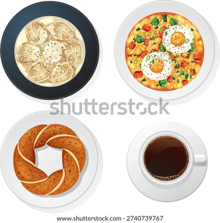 Vector illustration of Turkish breakfast foods and coffee, top-down view, vibrant colors, clean style