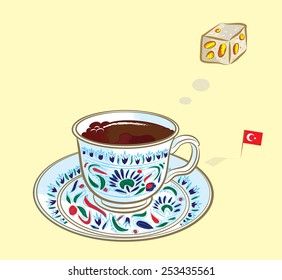Vector illustration of Turkish coffee thinking of traditional Turkish delight with Turkish flag