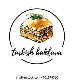 Vector Illustration Of Turkish Delight Baklava With Pistachio In Circle Composition. Hand Drawn Dessert With Black Outline And Bright Watercolor Texture. Logo Or Banner Design For Cafe Menu Design