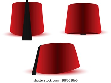 Vector Illustration of Turkish, Egyptian hat, fez with a black tassel hanging from the crown on a white background