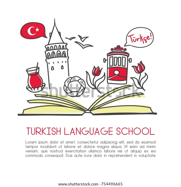 Vector illustration Turkish language school. An\
open book and symbols of Turkey: Galata tower, tram, tea, tulip,\
simit bagel, seagull. Hand drawn doodle objects isolated on white\
with place for text.
