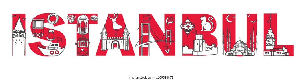 Vector illustration of turkish symbols on word Istanbul. Horizontal panoramic banner for travel design. Hand drawn doodle elements in black, white and red colors in simple modern line style.