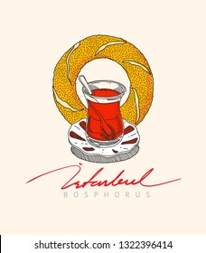 ilustración vectorial, té y bagel turcos.