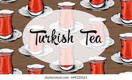 Vector illustration of turkish tea glass pattern sketch style