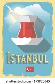 vector illustration turkish tea on retro style poster or postcard.