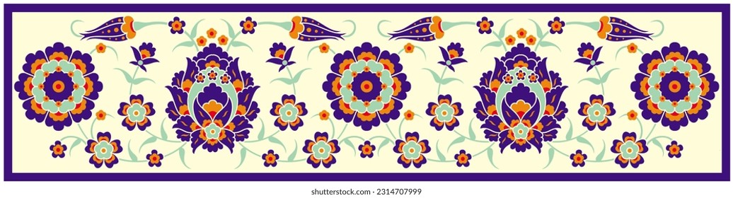 
Vector illustration of turkish tezhip floral ornament on cream color background, and blue color flowers, suitable for decoration on frame, calligraphy, invitation card, islamic decoration