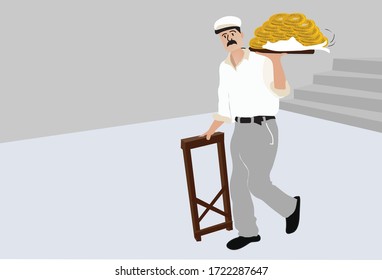 Vector Illustration of Turkish Traditional Bagel Simit Seller, Turkish Sesame Bagel, Istanbul Traditional Street Food Seller 