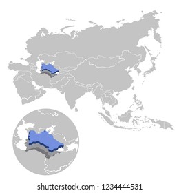 Vector illustration of Turkmenistan in blue on the grey model of Asia map with zooming replica of country.