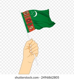 Vector illustration of Turkmenistan flag in hand on transparent background