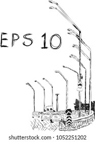 Vector illustration of a turn of the road with cars and lampposts painted by hand.