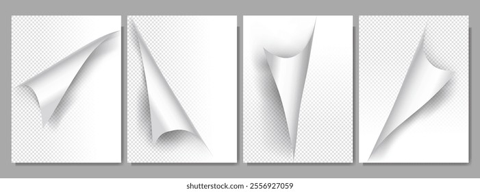 Vector illustration. Turning page set overlay on A4 page size. Realistic templates with shadows for glossy business paper design. Design elements for presentations, covers, branding, and layouts