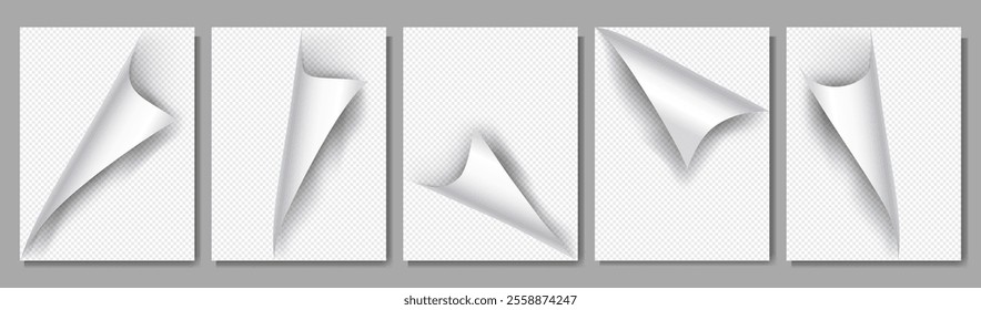 Vector illustration. Turning page set overlay on A4 page size. Realistic templates with shadows for glossy business paper design. Design elements for presentations, covers, branding, and layouts