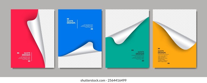 Vector illustration. Turning rounded glossy page overlay on A4 page size. Realistic templates with shadows for business paper design. Design elements for presentations, covers, branding, and layouts
