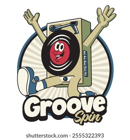 Vector Illustration of Turntable Mascot with Retro Mascot Illustration Available for Logo Badge