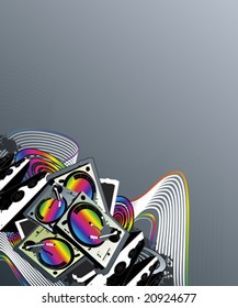 Vector illustration of a turntable and speakers music design with rainbow colors, lined art and retro spirals.