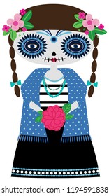 Vector illustration of turquoise catrina doll on a white background. Celebrating the day of the dead and Halloween. Use in scrapbooking, crafts, fabric, wallpaper