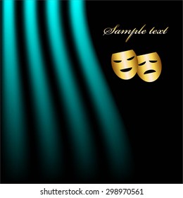 Vector illustration of Turquoise curtain and gold mask on a black background.