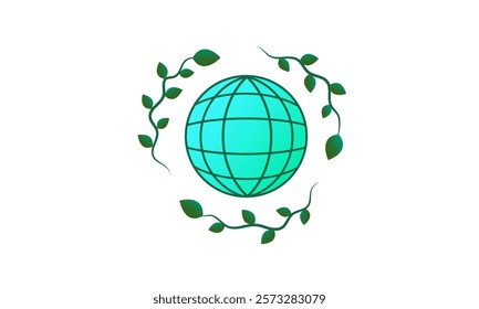 Vector illustration of a turquoise globe surrounded by green leafy vines, symbolizing nature and sustainability. The design features a minimalistic and clean aesthetic, ideal for eco-themed projects.