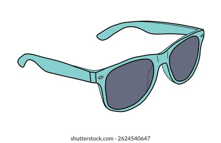 Vector illustration of turquoise sunglasses with dark lenses. A stylish summer accessory in cartoon style. Isolated on white. Great for fashion, vacation, and seasonal designs.