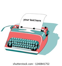 Vector illustration of turquoise typewrtiter with blank page with place for your twxt