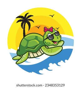 vector illustration turtle in beach full color, logo design cartoon mascot