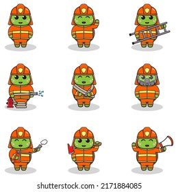 Vector Illustration of Turtle cartoon with Firefighter costume. Set of cute Turtle characters. Collection of funny Turtle isolated on a white background.