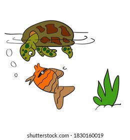 ilustración vectorial de la charla de personajes de tortuga con peces