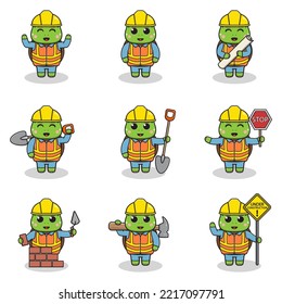 Vector illustration of Turtle character at construction site. Construction workers in various tools. Cartoon Turtle characters in hard hat working at building site vector.