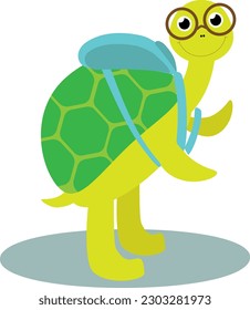 Vector illustration of turtle character in glasses with backpack in cartoon style