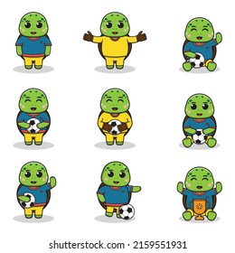 Vector illustration of Turtle characters playing soccer. Cute Turtle mascot playing football. Vector illustration bundle.