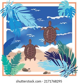 vector, illustration of a turtle crawling along the sand to the sea, top view through palm leaves