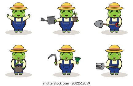 Vector illustration of Turtle farmer cartoon. Cute Turtle farmer character design with straw hat. Character flat design. isolated on white.