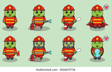 Vector illustration of Turtle firefighters set. Fire fighter profession with flat design style. Good for icon, label, sticker, clipart.