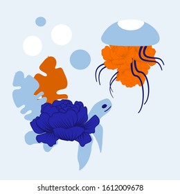 vector illustration with turtle and flower and light blue jellyfish, perfect to use on the web or in print