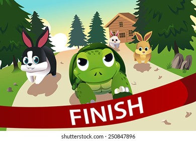 A Vector Illustration Of Turtle And Hare Racing To The Finish Line