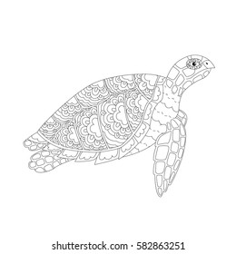 Vector illustration of the turtle, isolated. Black and white artwork in ethnic and zentangle style. Coloring page, t-shirt, print, card, poster, tattoo design