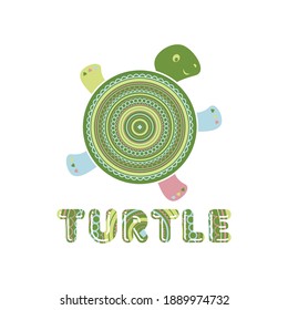 Vector illustration with a turtle. Poster for the nursery. Turtle with geometric patterns. Template for coloring, postcards, fabrics, print and web.
