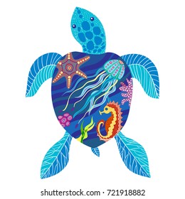 Vector illustration of turtle, sea turtle, seahorse, starfish, jellyfish. Isolated on white.