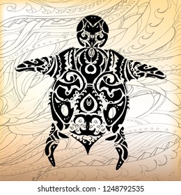 vector illustration turtle in the style of Maori, on a vintage ornamental background, hand drawing, eps 10