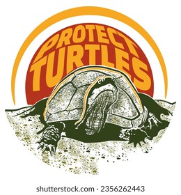 vector illustration of a turtle with a sunset background with the words protect turtles, suitable for t-shirt designs
